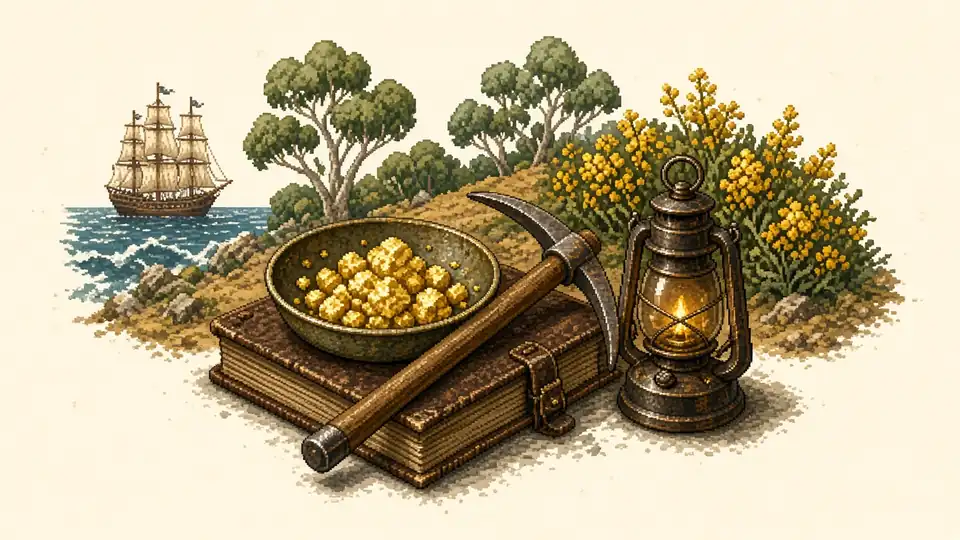 Illustration: a gold pan of nuggets, a pick and a lantern on an old book, with a sailing ship and flowering wattle behind.